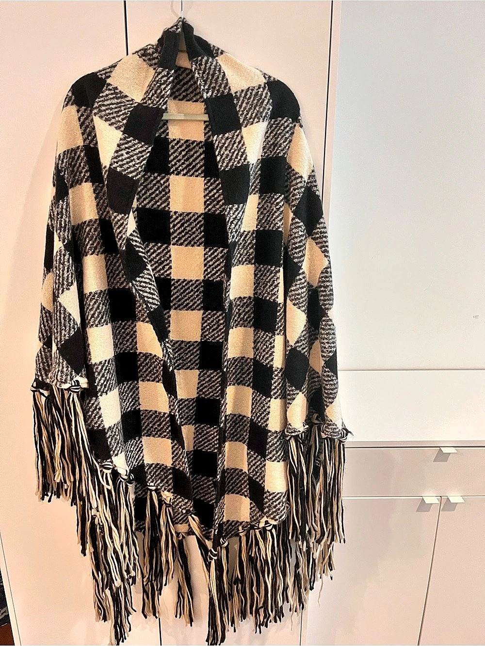 MAEVE for Anthropologie Checkered Fringe Poncho in Black & Cream Like New